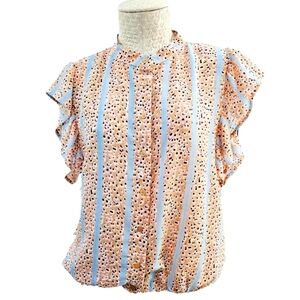 THE SHIRT Rochelle Beherns Flutter Sleeve Button Blouse Top‎ Women's M Sheer